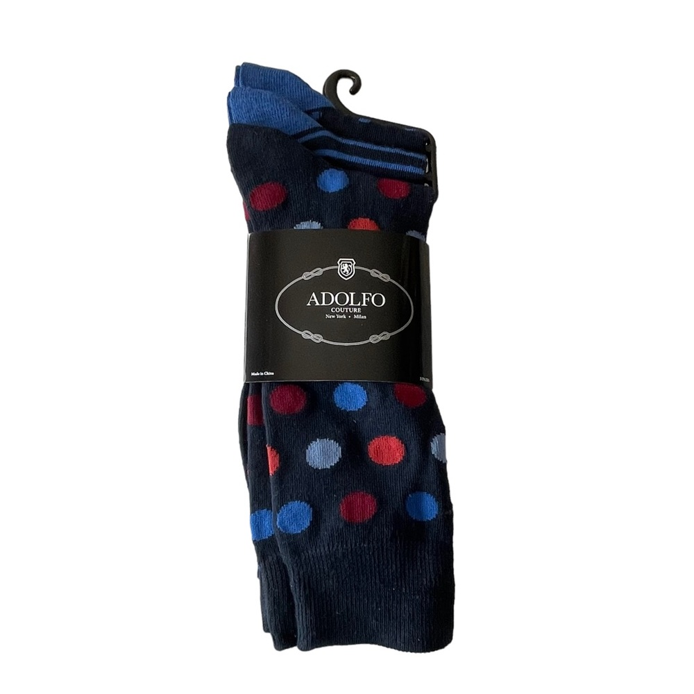 Men's ADOLFO Couture Dress Socks Blue Colorful Dots Stripes 3 Pairs Size 10-13